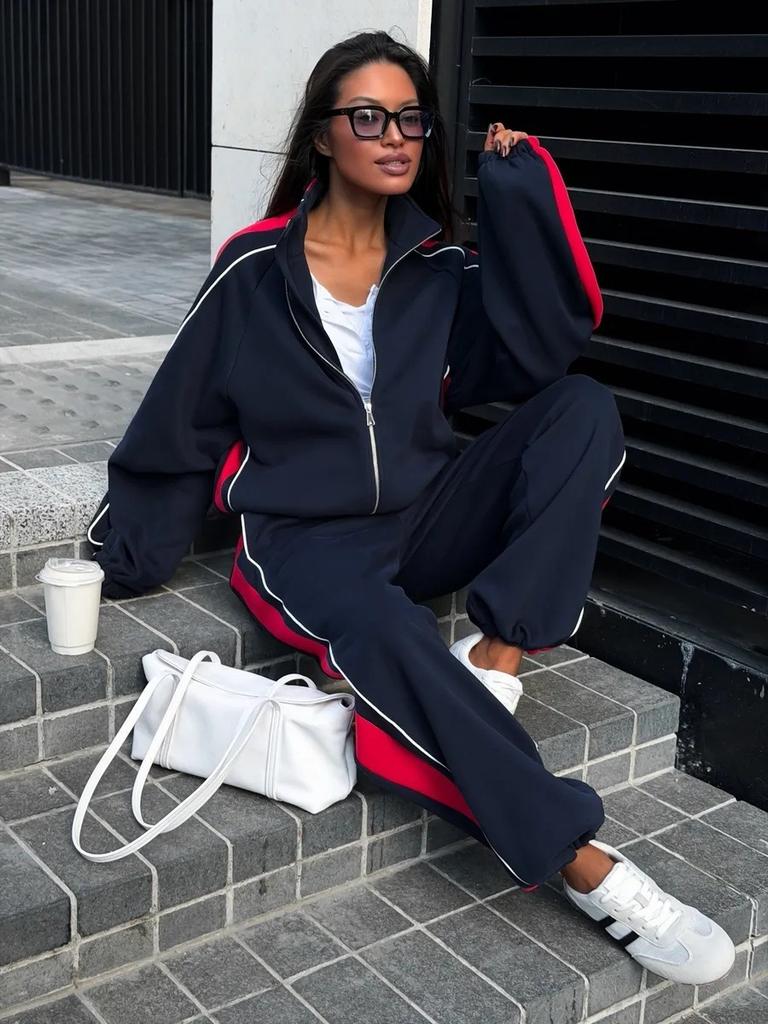 2026 European and American color matching sports suit women's stand-up collar zipper loose jacket wide-leg sweatpants two-piece set