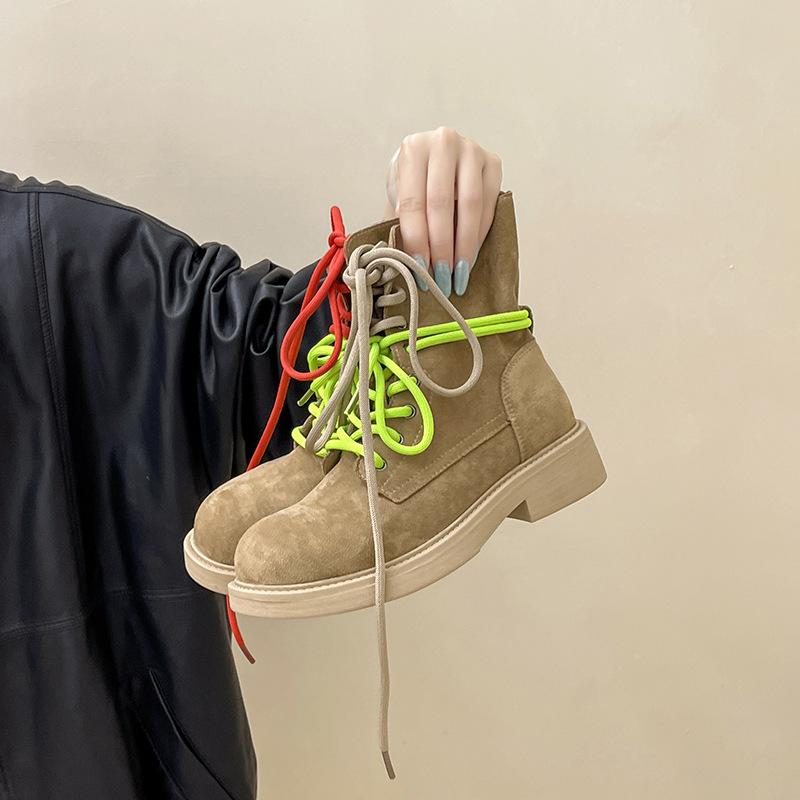 2025 autumn and winter new fashion retro British style folding contrasting color thick heel Martin boots women's casual tooling boots short boots