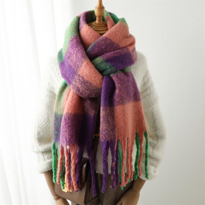 European and American Fashion Women's Scarves Winter Imitation Cashmere Thickened Thermal Shawl Rainbow Plaid Splicing Tassel