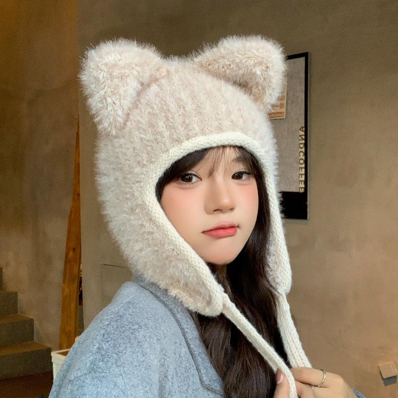 Bear knitted hat children's winter plush warm ear protector wool hat sweet versatile face small pullover hat
