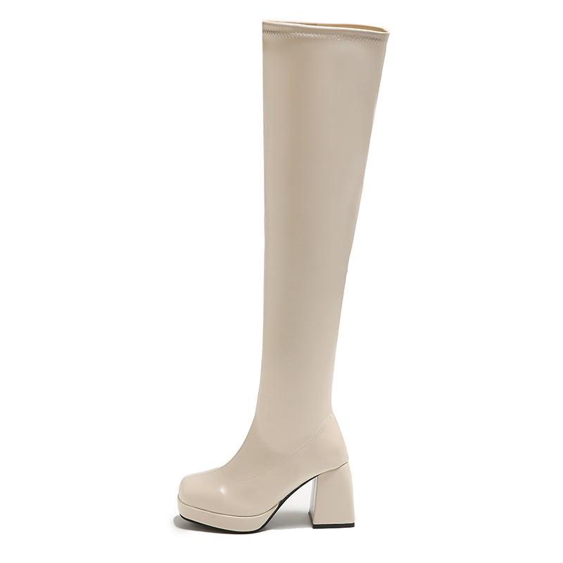 

Осень новая мода европейский и американский стиль толстый каблук супер высокий каблук водонепроницаемая платформа ботфорты до колена женские эластичные тонкие сапоги 35 бежевый