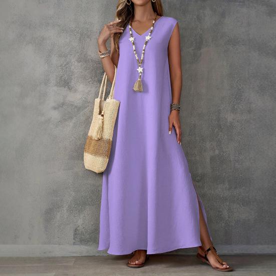 Rochie Maxi Fără Mâneci pentru Femei, Decolteu în V, Despicătură Laterală, Rochie Lungă, Rochie Casual de Vară cu Volan, Rochie Boho de Plajă pentru Vacanță