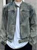 Men's High-End American-Style Denim Jacket: Trendy, Scruffy Cool Hairdresser Vibe with Padded Shoulders and Light Luxury Design.