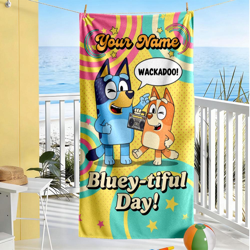 Bluey Customizable Name Beach Towel Super Soft Microfiber Quickdry Fabric Suitable for Swimming Gym Camping Yoga Vacation