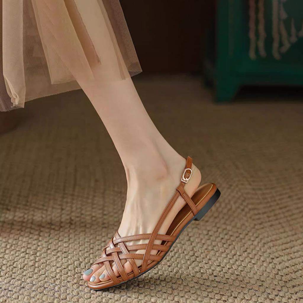 Roman Woven Sandals Women's 2025 Summer Flat-soled Soft-soled French Retro Women's White Low-heeled Hollow Fish Mouth Shoes