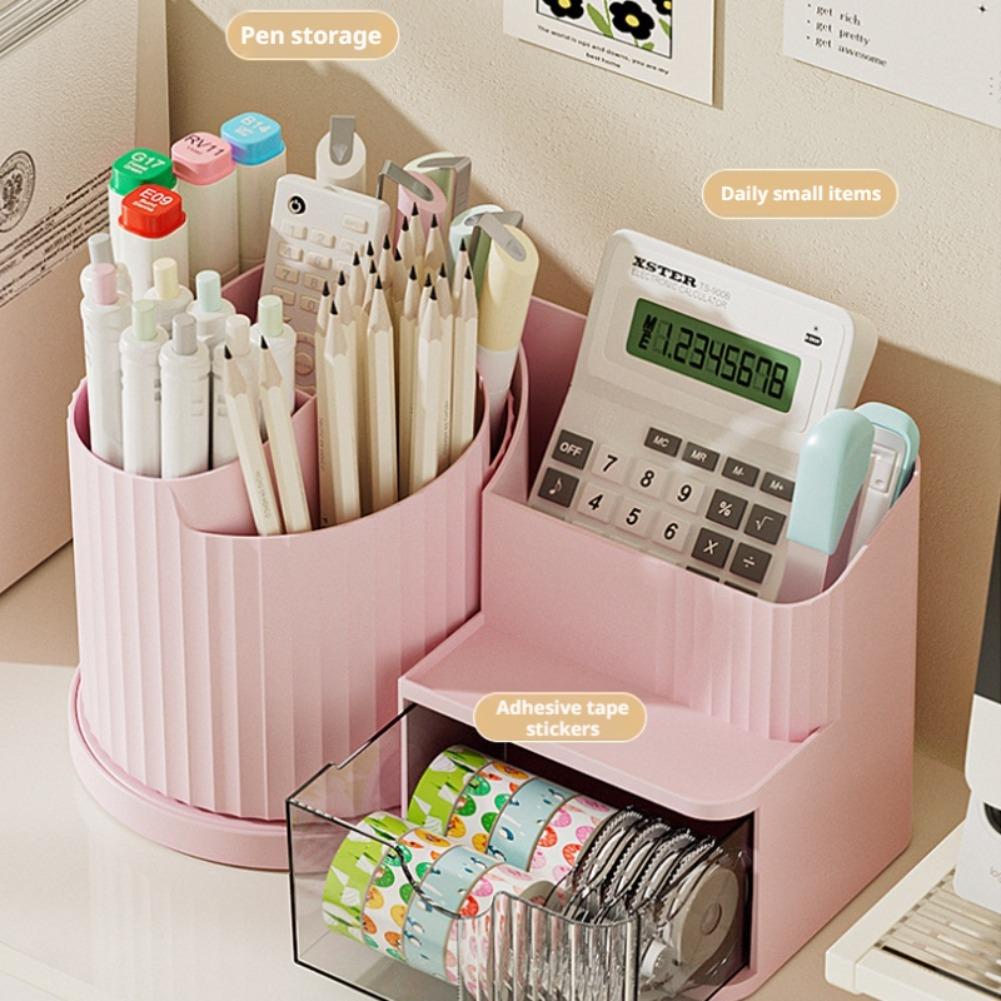 360 Rotating Pen Holder Organizer Desk Storage Box with Drawer Large Capacity for Office Home Student Study Table Top Accessory