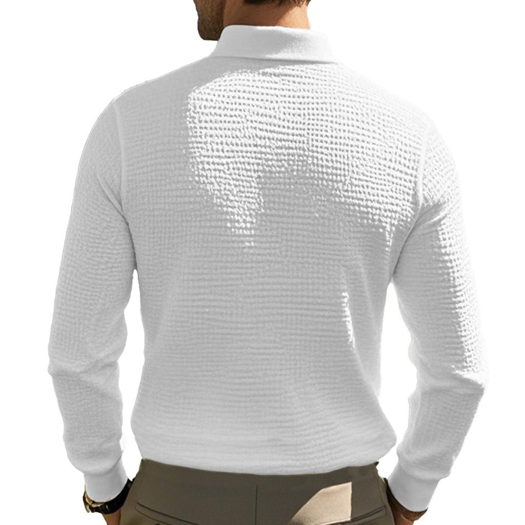 New Men's T-Shirt: Waffle Weave Casual Collared Button-Down Slim-Fit Long-Sleeved Polo Shirt