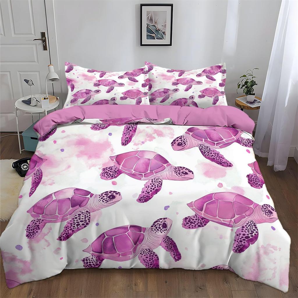 Sea Turtle Purple/Blue Bedding Set With Concealed Zipper, Soft Printed Reversible Duvet Cover with Pillowcases for All Seasons