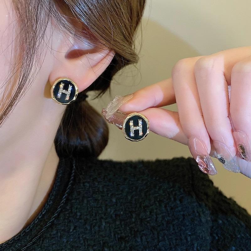 S925 Silver Needle H Letter Diamond Inlaid Stud Earrings Light Luxury Versatile Fashion Jewelry For Women