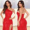 OS6739 European & American Women's Sexy Sleeveless Sequin Dress with Oblique Shoulder Design