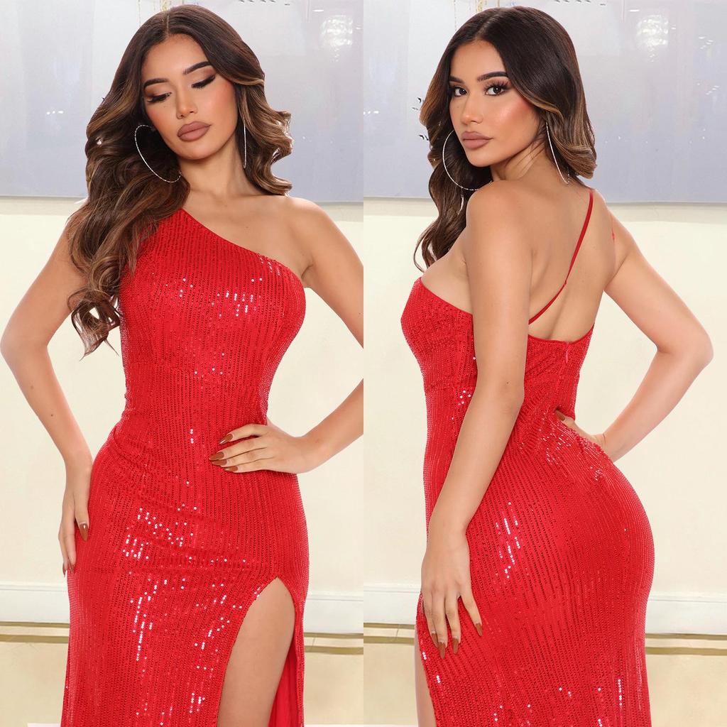 OS6739 European & American Women's Sexy Sleeveless Sequin Dress with Oblique Shoulder Design