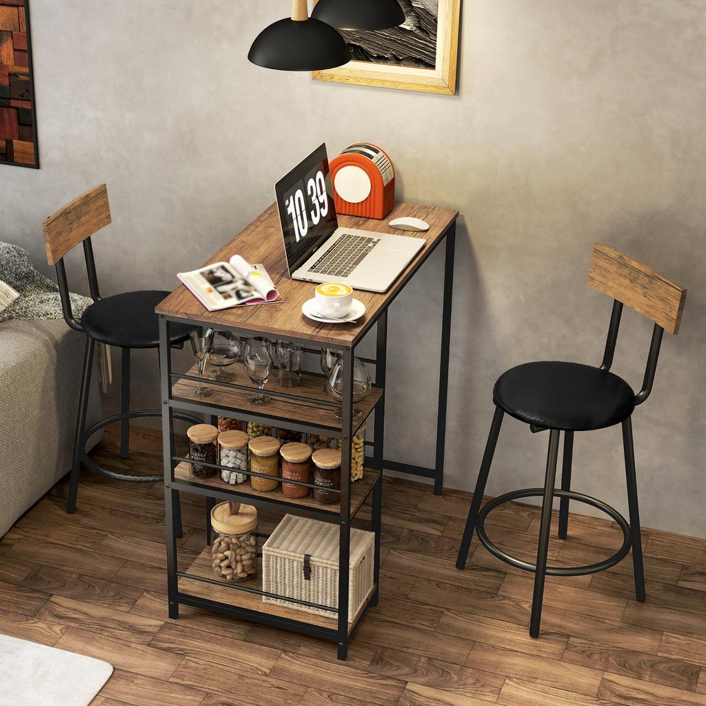 3-Piece Dining Set with Bar Table and 2 Chairs, Small Kitchen Set with Side Shelves, MDF, Metal, Black