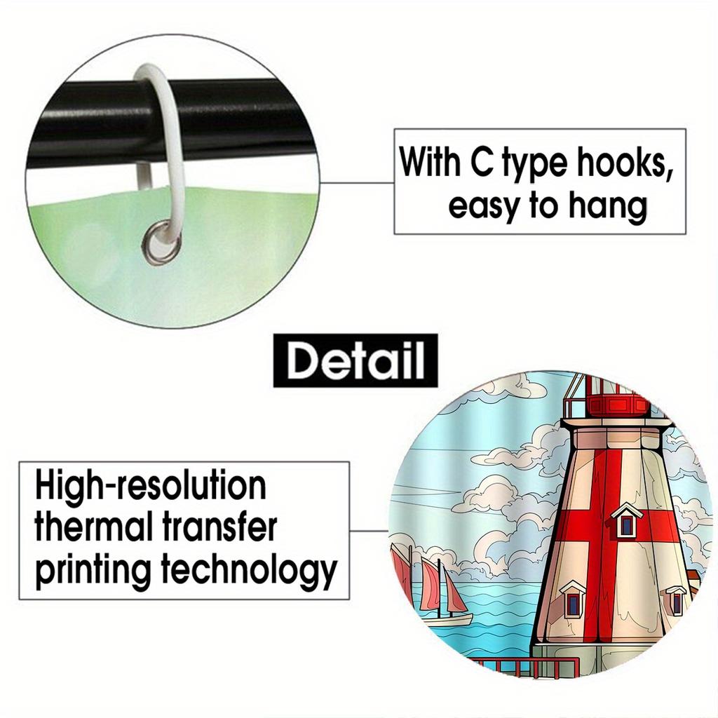 Lighthouse 4pcs Bathroom Set, Bathroom Curtain, Absorbent Bathroom Floor Carpet, Non-slip U-Shaped Contour Rug & Toilet Lid
