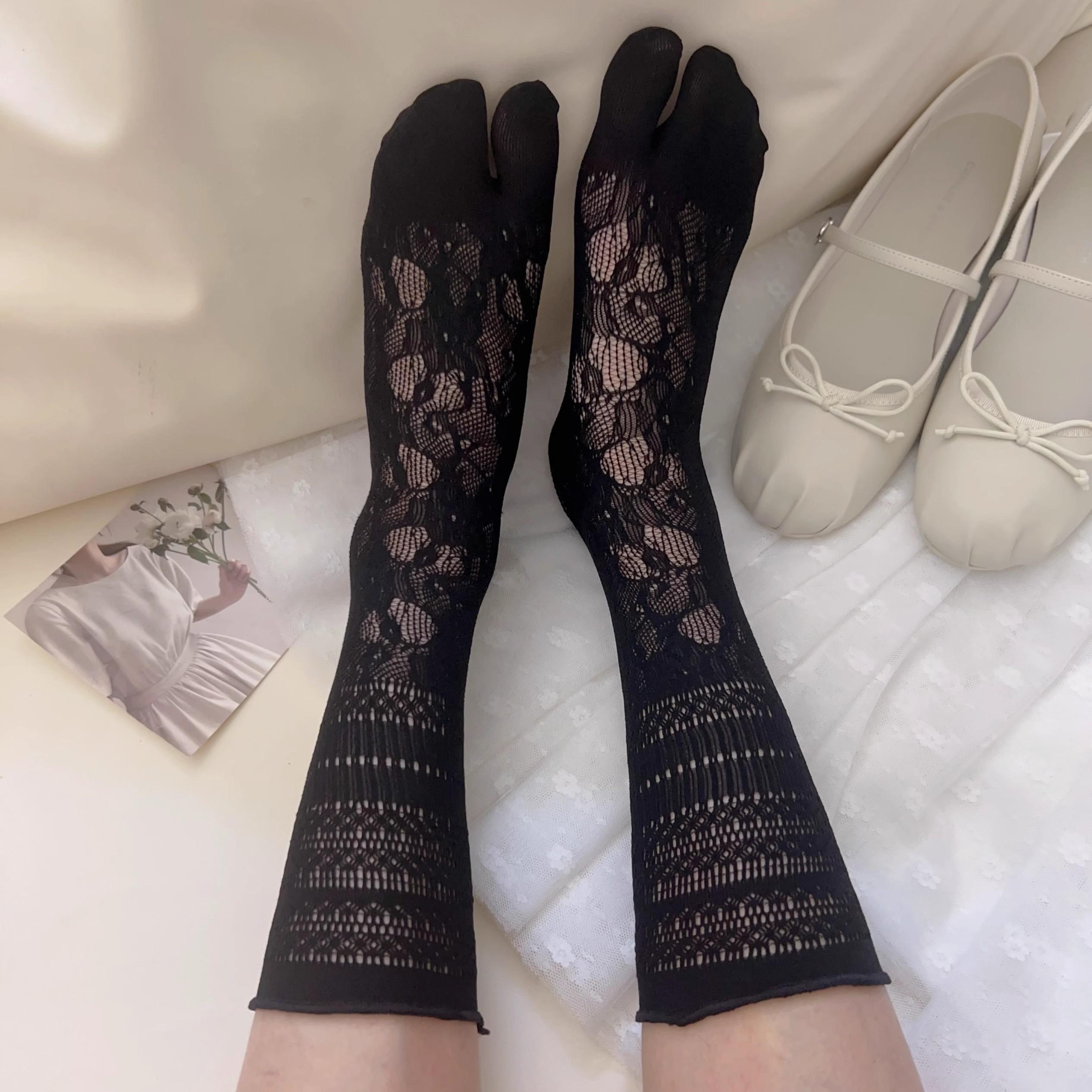 Lolita Split Toe Socks for Women Strappy Lace Fishnet Stockings Cool JK Girls Long Sock Japanese Lolita Jk Long Knee High Socks