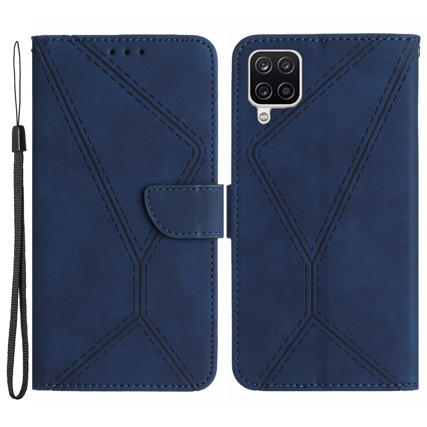 

HT05 For Samsung Galaxy A22 4G (EU Version) PU Leather Stand Cover Skin-touch Imprinted Line Wallet Phone Case Blue
