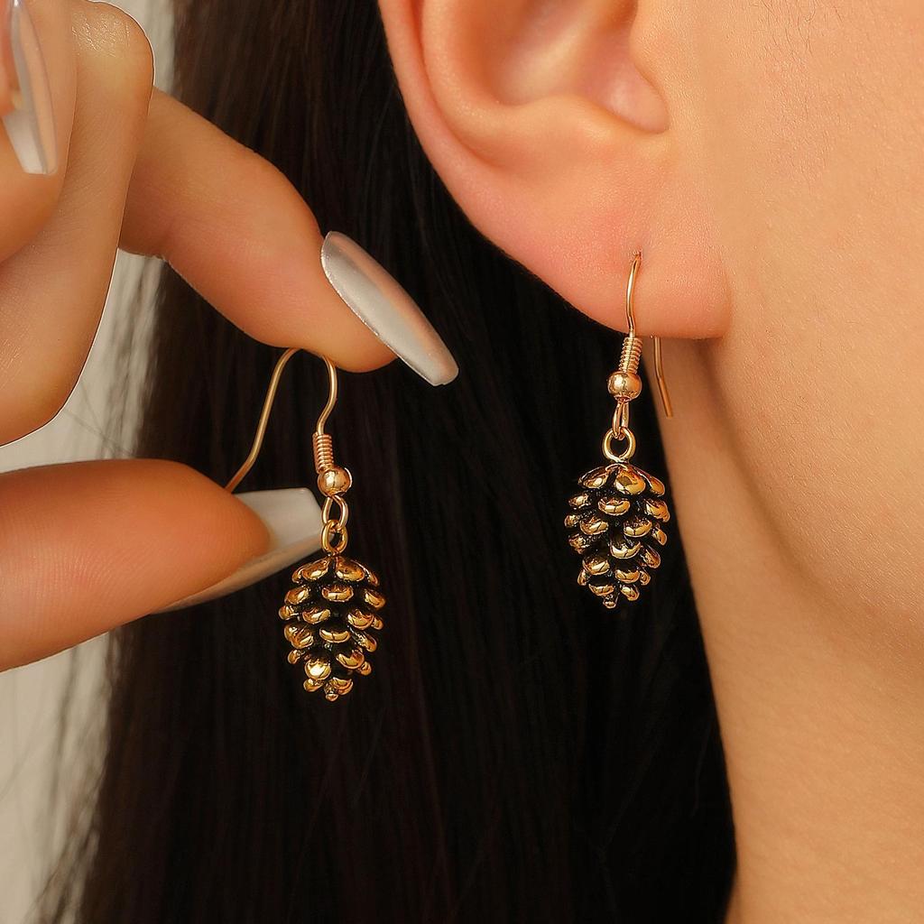 Retro Pine Cone Branch Earrings - Silver & Gold Dangle, European-American Autumn/Winter Fashion for Women