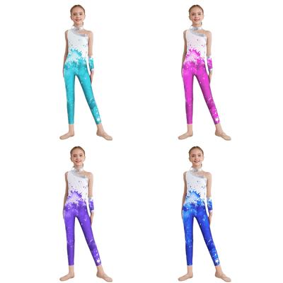 Kinder Mädchen Glitzernde Pailletten Aufdruck Gymnastik Jumpsuit Ärmellos Asymmetrischer Body Ganzkörper-Leotard mit 1 Paar Handschuh für Eiskunstlauf Tanz