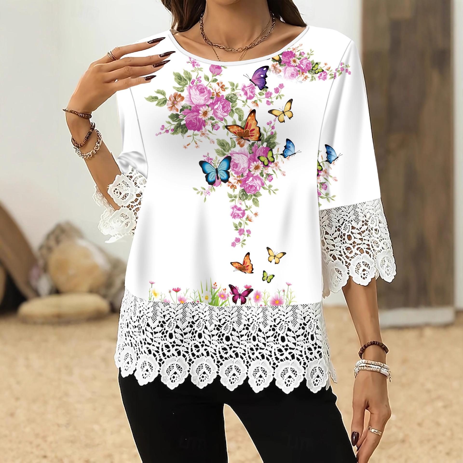 2025 Women s Lace Printed Mid Sleeve T-shirt Top for Women L