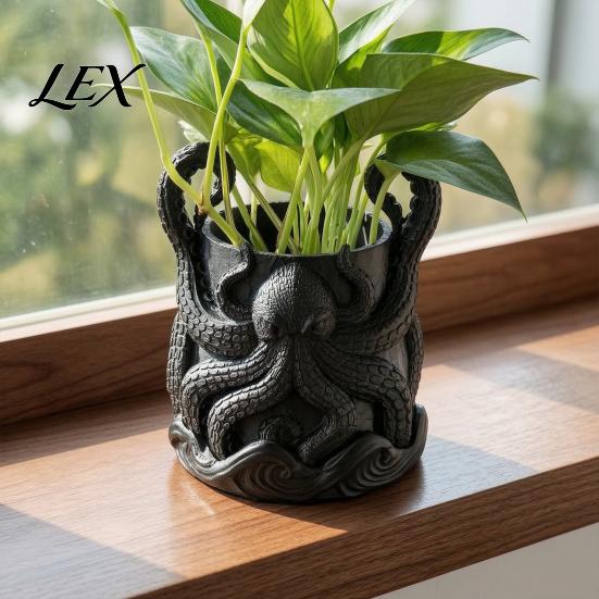 Unique Indoor Plant Holder 3D Printed Octopus Planter with Tray, Marine-Inspired Succulents Pot, Fantasy Style Container Pot Drainage Holes, Nautical