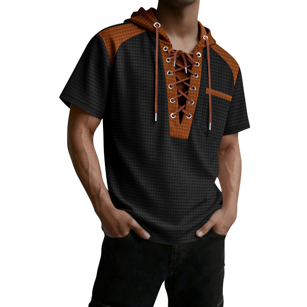 Men's Color Blocked Hooded Top With Pockets Casual And Comfortable Short Sleeved Shirt