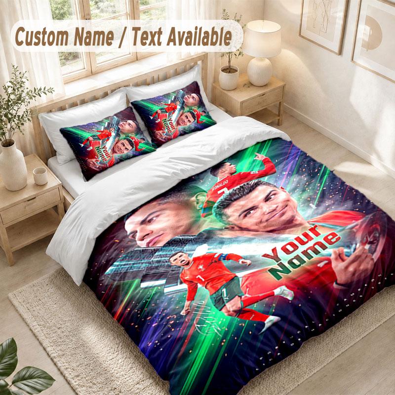 Custom Name Bedding Set 3 PiecesCristiano Ronaldo Print Duvet Cover + 2 Pillowcases Soft Bed Decor