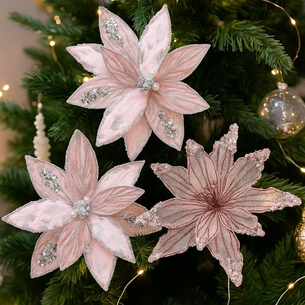Large Glitter Christmas Poinsettia Flower Sequins Simulated Artificial Christmas Flower Realistic Handmade Craft