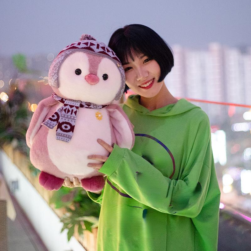 Słodki puszysty pingwin pluszowa zabawka wypchane zwierzęta z kreskówek pluszowe szalik czapka ubieranie pingwin lalka zabawki dla dzieci prezent świąteczny