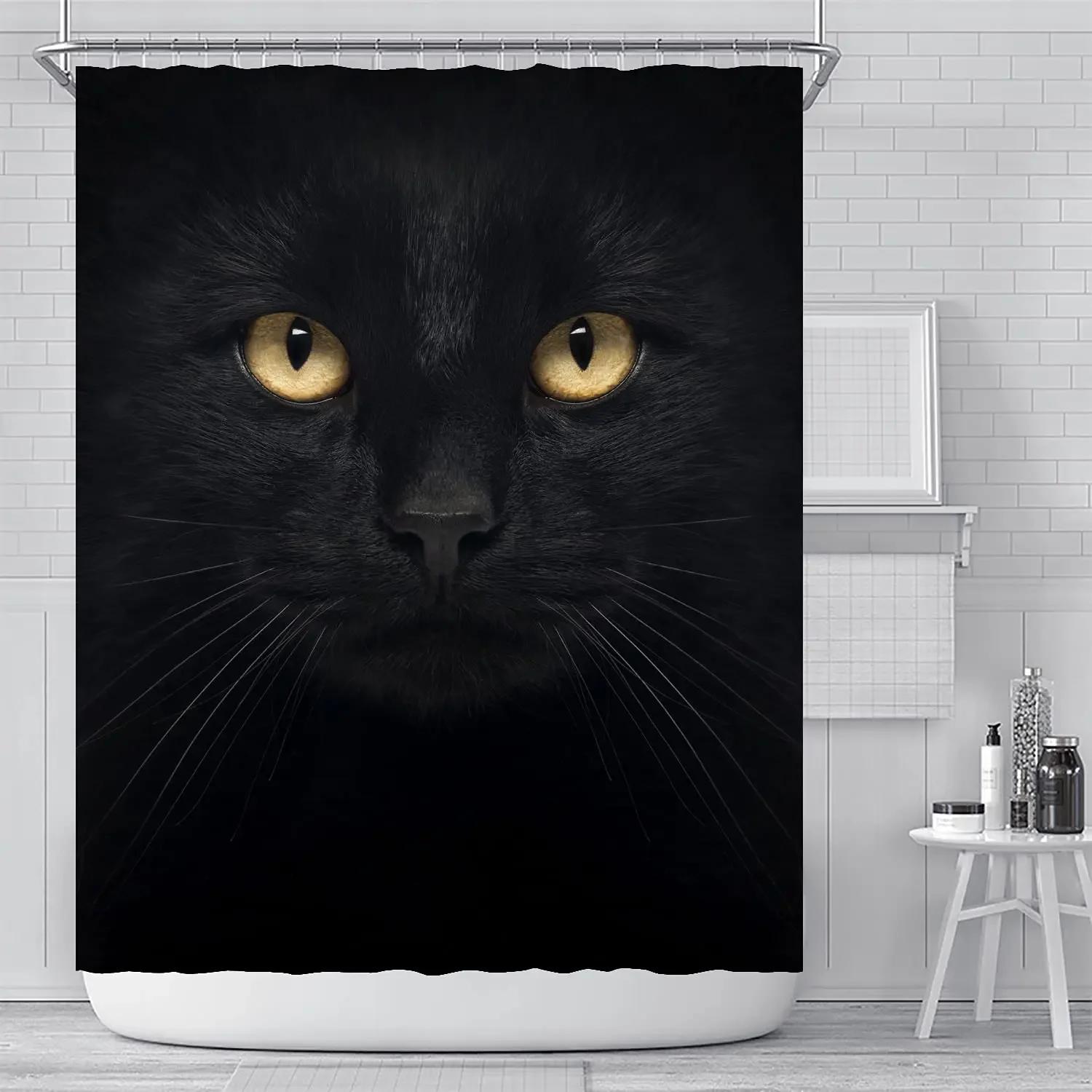 

Cool Black Cat Shower Curtain Hippie Bathroom Gothic Green Background Funny Animal Hipster Art Bathtub Decor with Hook 90x180cm-35x70in