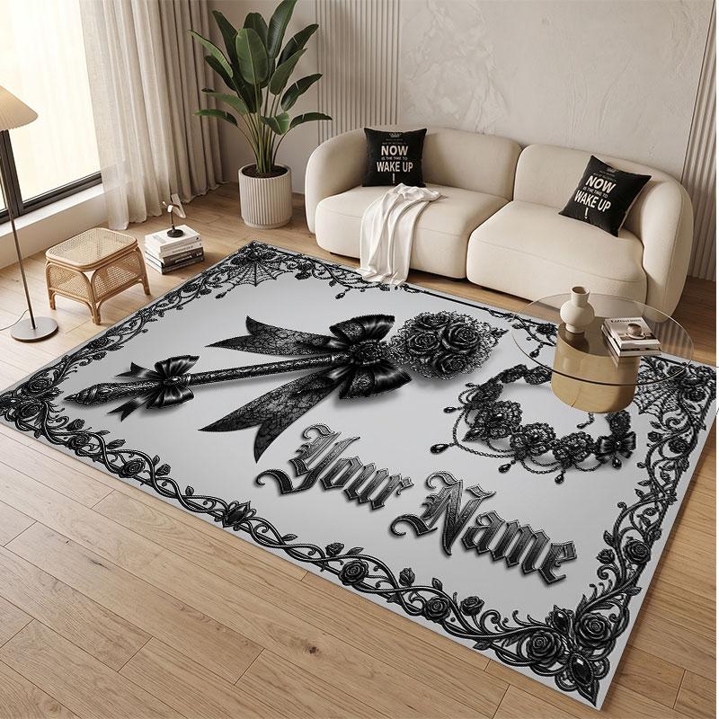 Skull Gothic Theme Soft Crystal Velvet Rug Custom Name & Text Print Non Slip Floor Rug for Bedroom Living Room