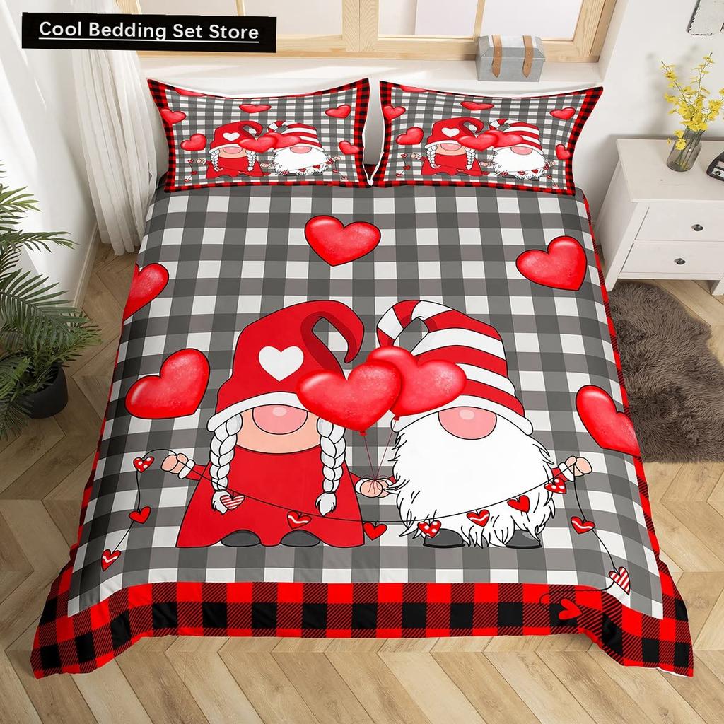 Valentinstag King Bettbezug Romantisches Bettwäsche-Set Kawaii Paar Wichtel Bettdeckenbezug Rosa Rosen Herzen Polyester Steppdeckenbezug