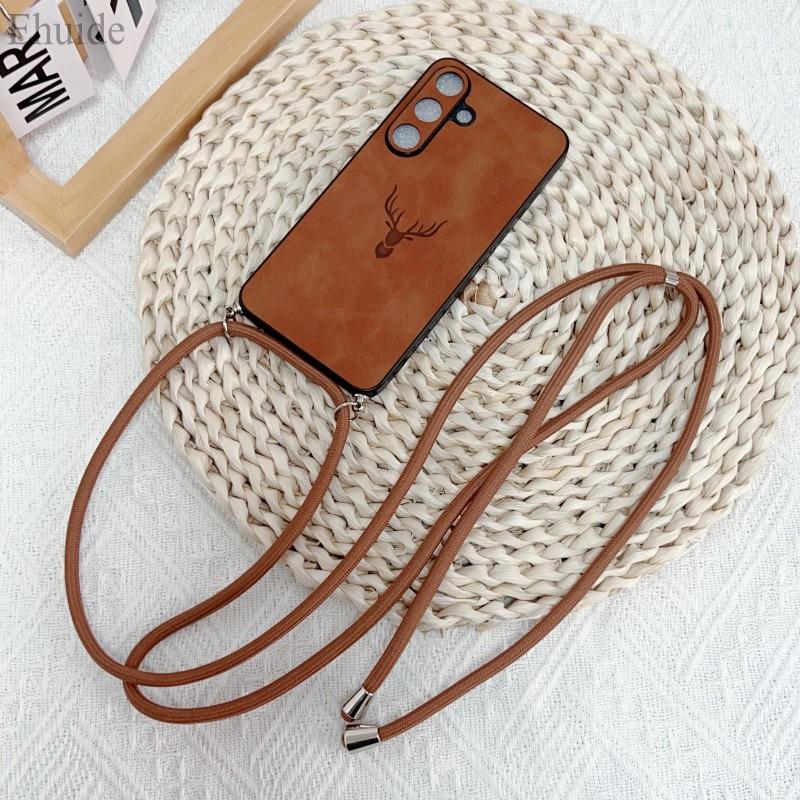 

Luxury Strap Case For Samsung Galaxy A56 A36 A26 A16 A55 A35 A15 A25 A54 Crossbody Lanyard PU Leather Deer Soft Silicone Cover A15&Case & Strap