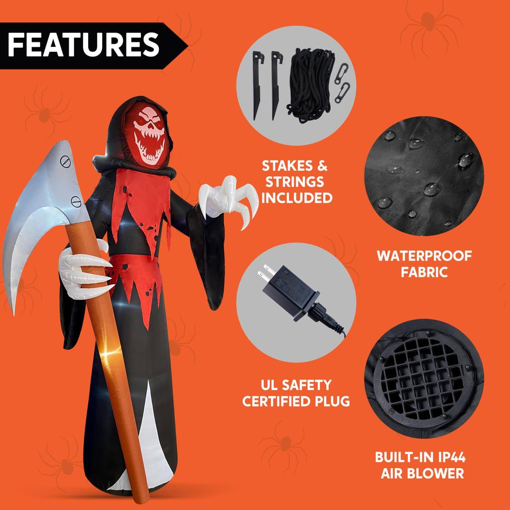 Joyfy 12 FT Halloween Giant Grim Reaper Inflatable with Built-in LEDs Grim Reaper with Scythe for Halloween Decorations Outdoor