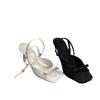 2025 neue Sandalen mit eckiger Spitze, Knöchelriemen, silberner Satinschleife, hohem Absatz, coolen Pantoletten, dünnem Absatz, offenem Zehenbereich, Damen