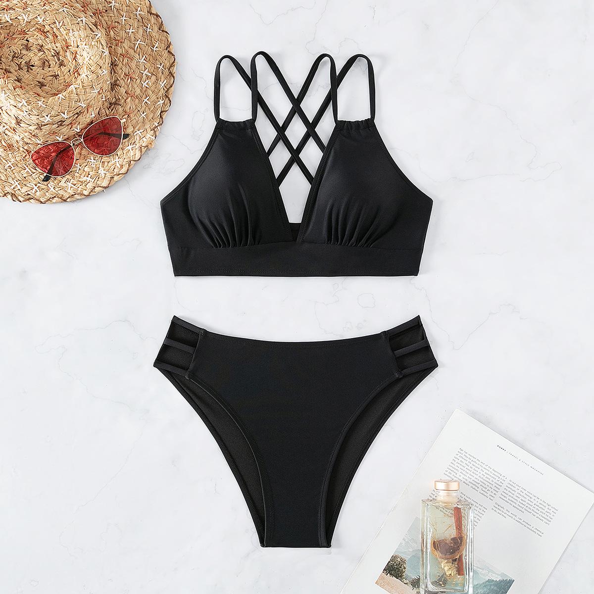 

Женский купальник, сплошной цвет, с открытой спиной, кроссовер, сексуальное бикини с высокой талией, танкини, пляжная одежда, купальные костюмы, 6 цветов S чёрный