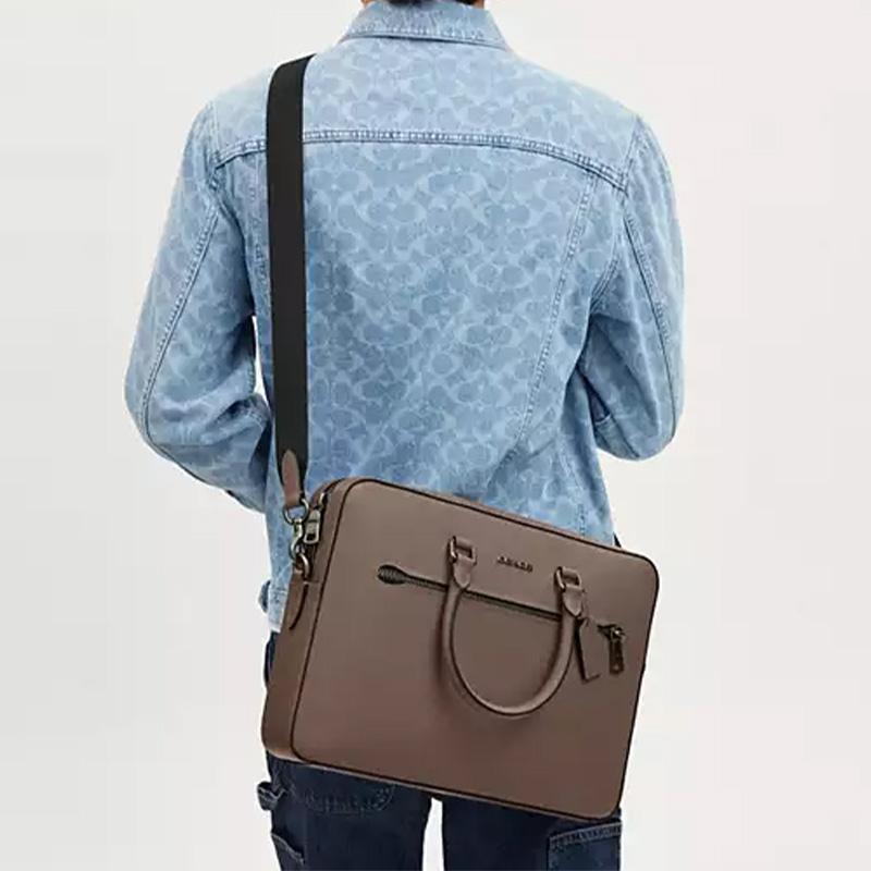 Coach Ethan 38 Logo Zip Closure Leather Tote Briefcase Men Tote Dark-Stone CR271-QBCBD