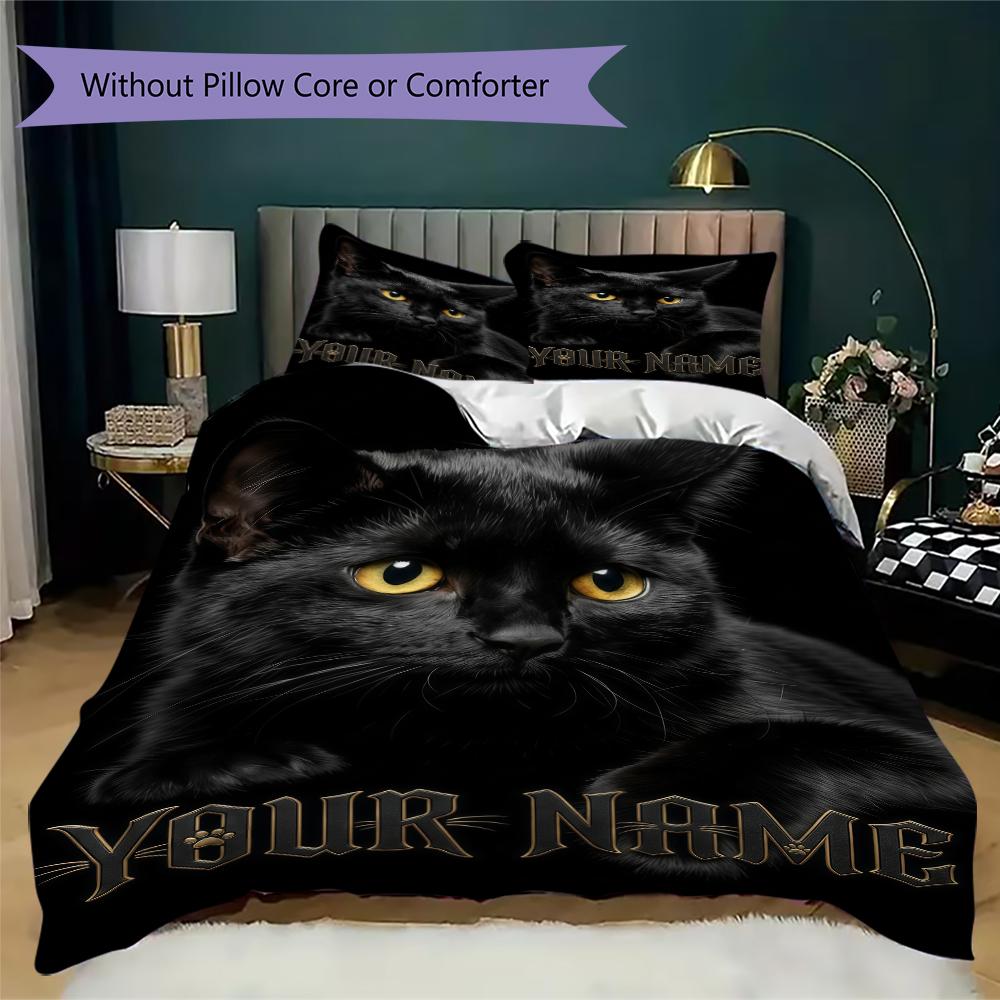 Custom Name Black Cat Majesty Bedding,Quilt Set Quilt Cover Pillowcase Home Birthday Gift(1 * duvet cover + 2 * pillowcase, without core)_lx
