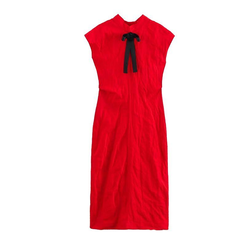 

Spring New Women clothes New Year Series Joint Name Bowknot Decoration Wrinkle Effect Dress 4786048 Red L