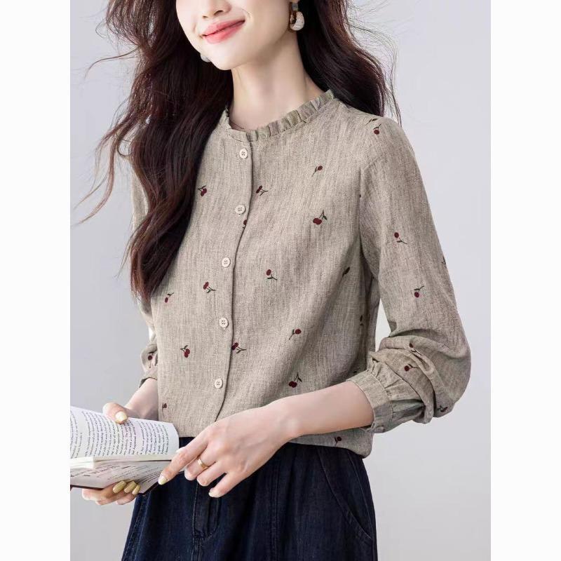 Literarisch bedruckte langärmlige Baumwollleinenhemden für Damen Herbstkleidung Temperament Lässige Hemden Vielseitige Tops im Westernstil