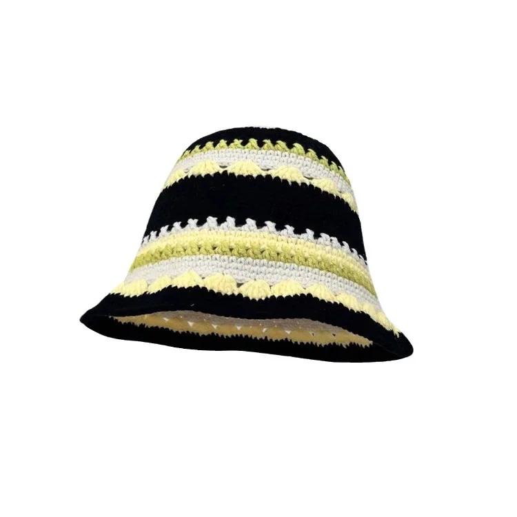 Cute Dopamine Wind Japanese Handmade Crochet Knitted Bucket Hat Rainbow Rhombus Plaid Wool Bucket Winter Basin Hat Bucket Hat