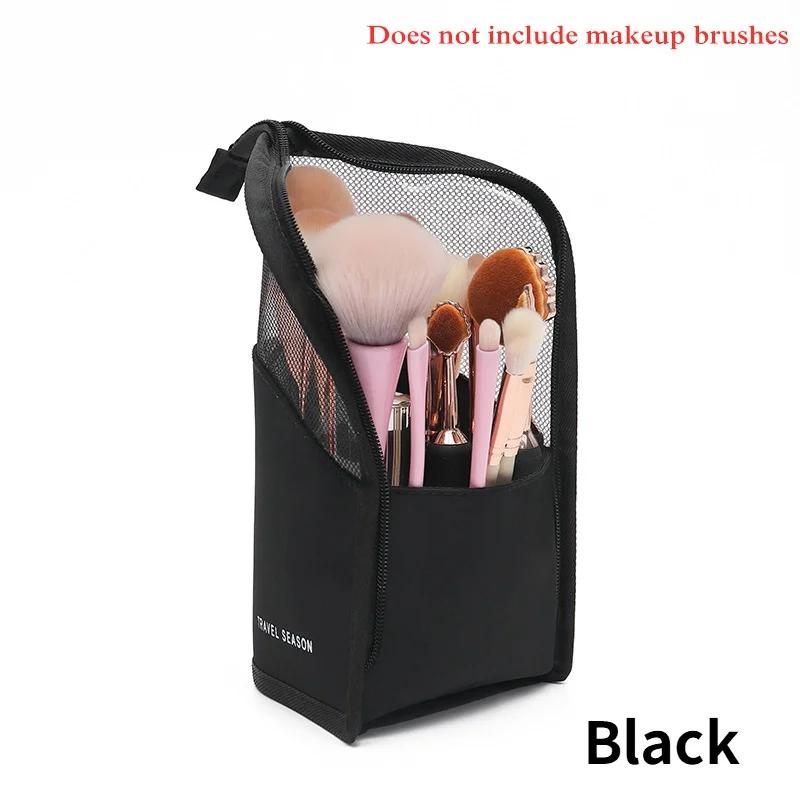

1pc Large Capacity Makeup Brush Organizer Bag with Standing Zipper & Half-Clear Panels - Heavy-Duty Twill Fabric Cosmetic Case чорний