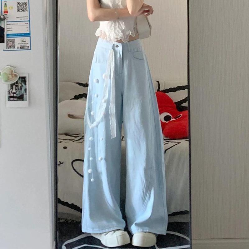 Vintage High Waist Loose Slim Sky Blue Versatile Wide Leg Floor Jeans for Women Summer
