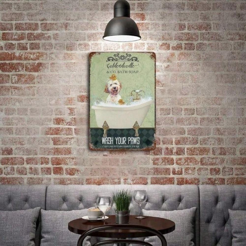 Vintage Goldendoodle Bath Metal Wall Art, Laundry Room Decor