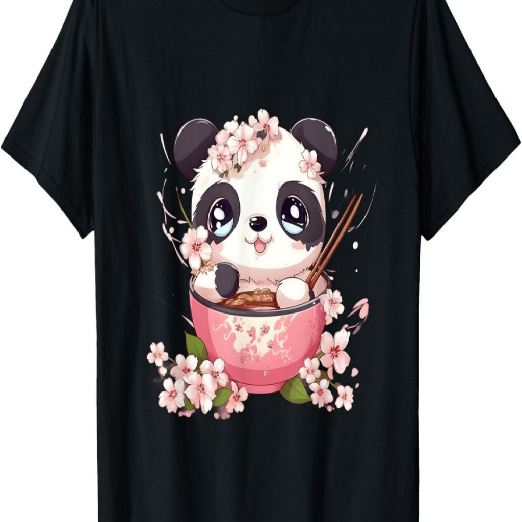 Otaku Kawaii Anime Panda Eat Ramen Noodles Cherry Blossom T-Shirt(2)