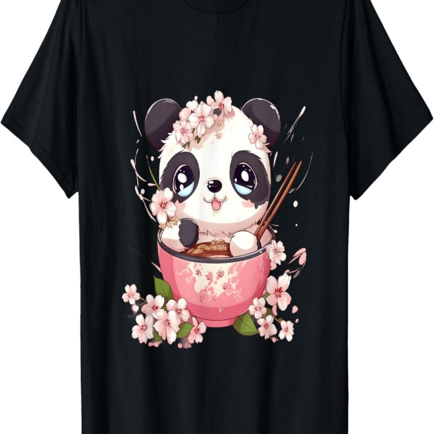 Otaku Kawaii Anime Panda Eat Ramen Noodles Cherry Blossom T-Shirt(2) S чёрный