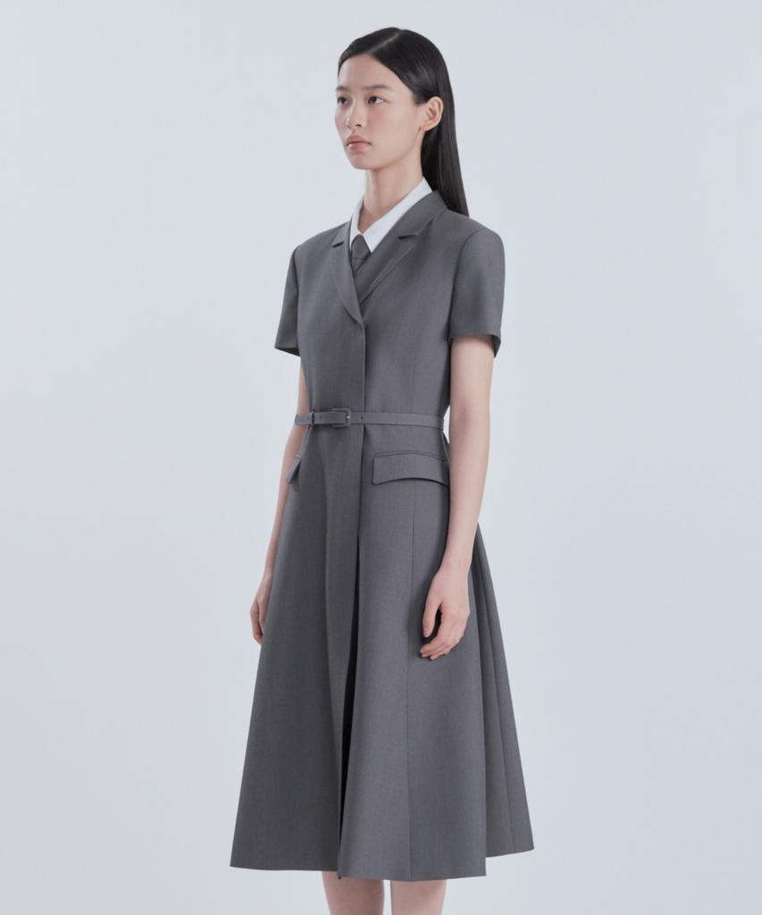Mausolleum Jenn Long Belted Half-Sleeve Dress - Gray