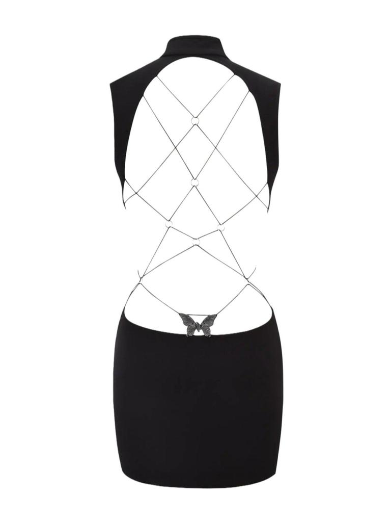 IAMGIA Strappy Backless Mini Dress with Metal Butterfly Cut-Out Waist and Hip-Hugging Skirt