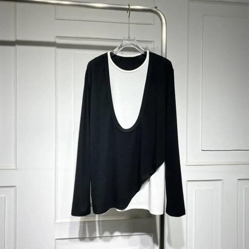 Fashion Contrasting Color Fake Two-piece Splicing Loose Slim Medium-length Casual Bottoming Long-sleeved Top Women