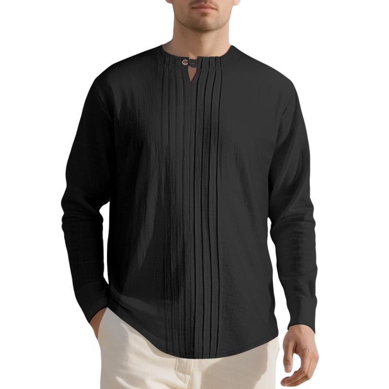 Round Neck Autumn and Winter Long Sleeve New Solid Color Linen Design Men's Casual Sports Henry Shirt