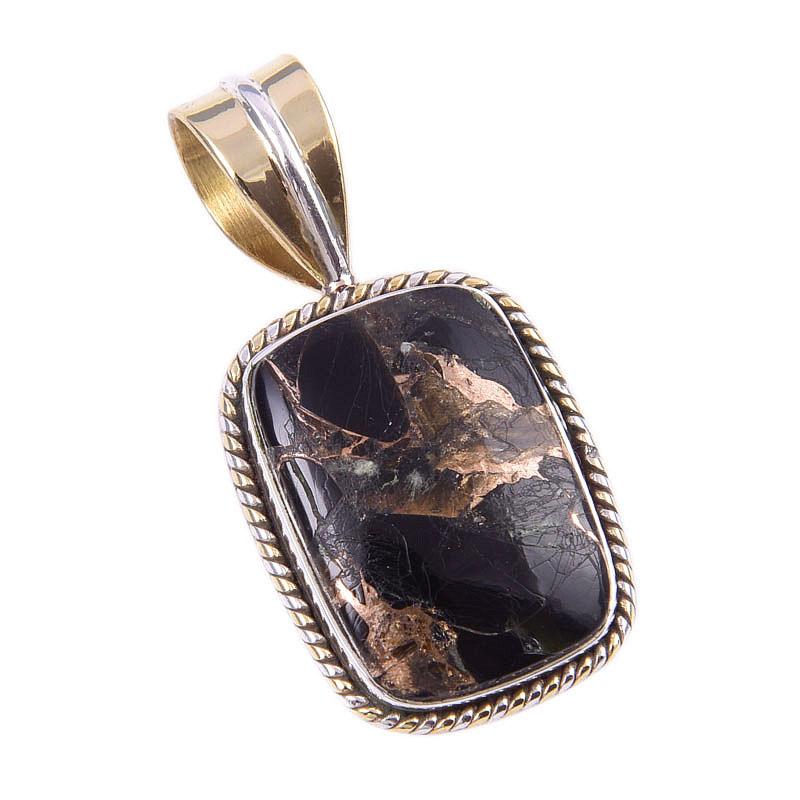 Turquoise Cuivre Noir Naturel Argent Massif 925 Cadeau Pendentif Bicolore 1,25" J7G10