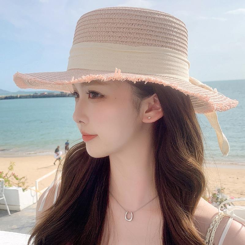 Summer Bow Sun Hat Female, Seaside Beach Vacation Sun Hat Outdoor Big Brim Sun Hat Sweet Straw Hat